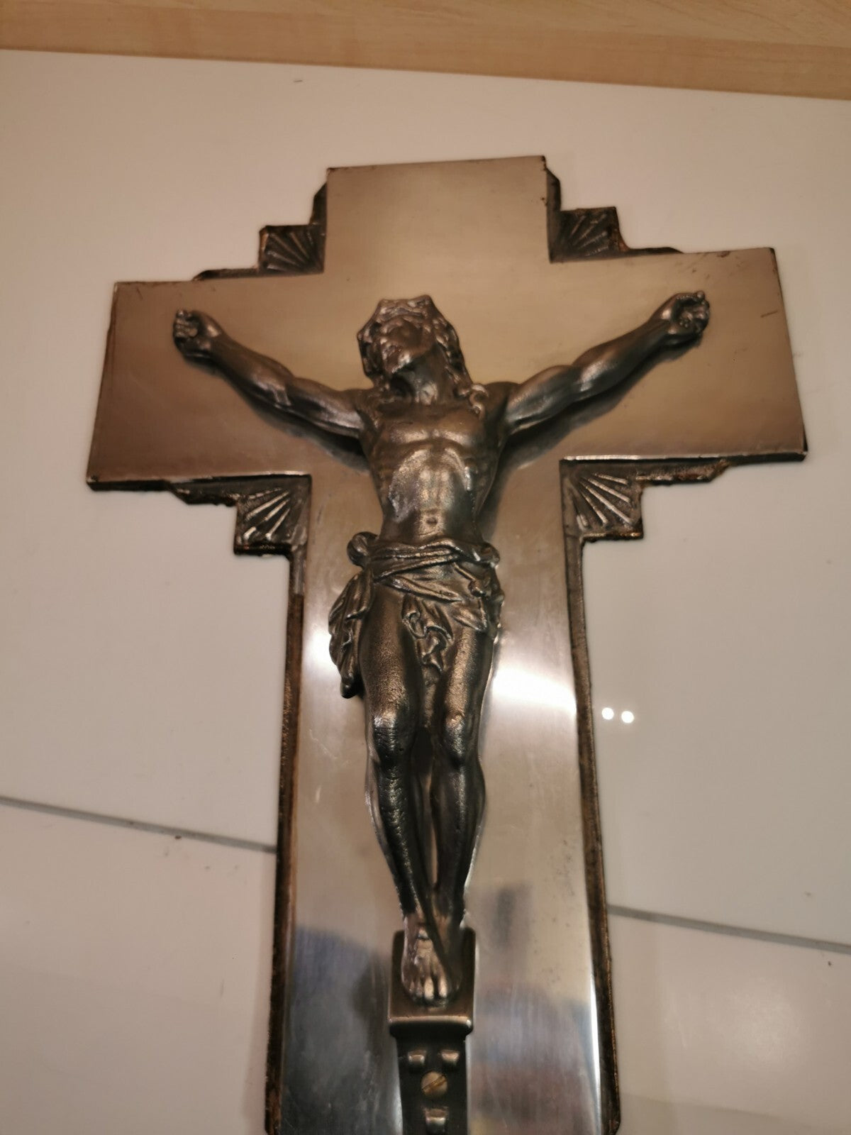 Superb Large Art Deco Metal and Mirror Crucifix