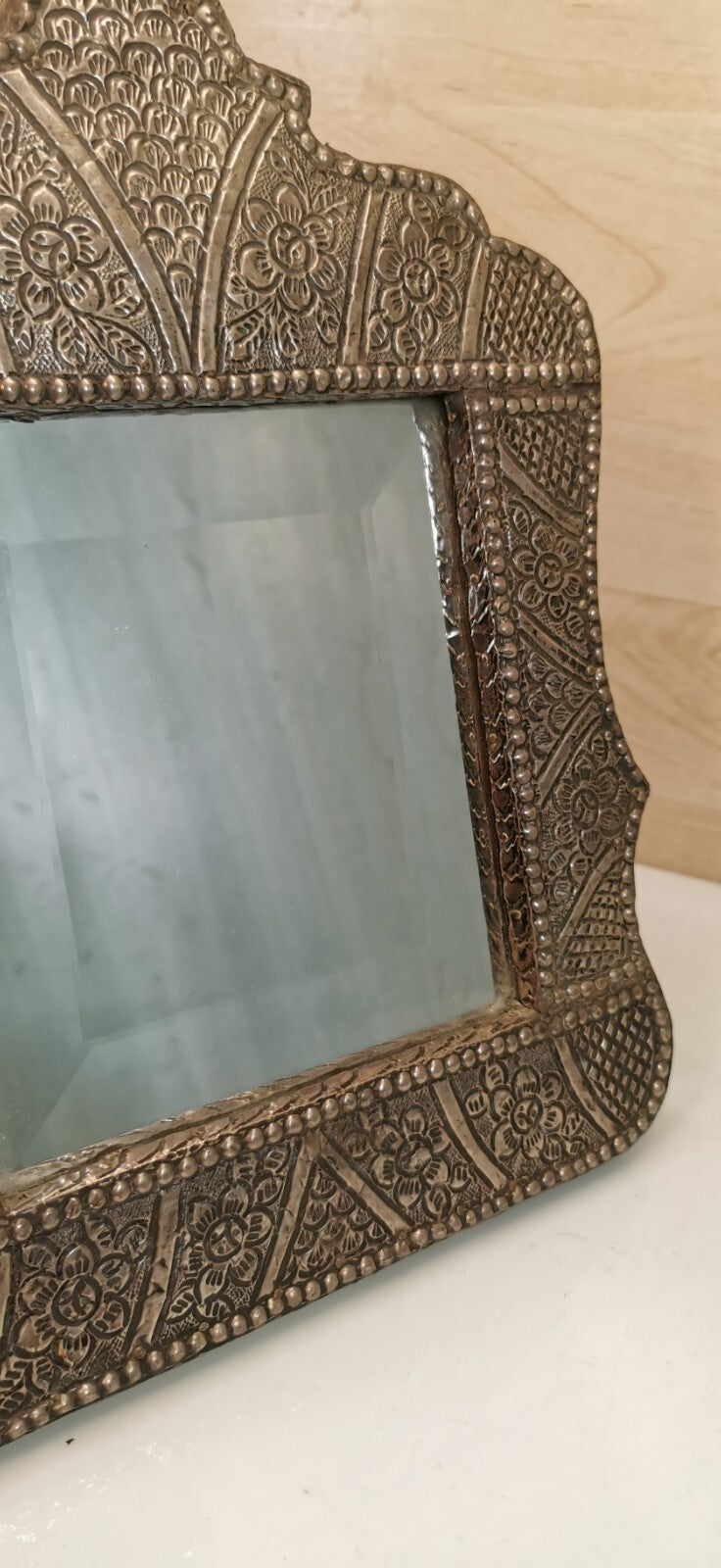 Superb Oriental Mirror Decorated with Hammered Metal (Silver or Tin)