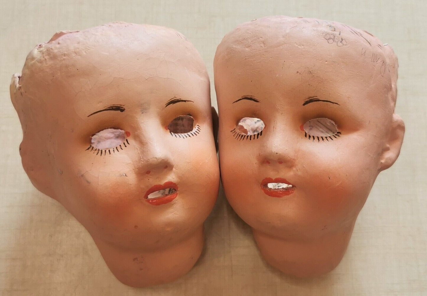 Magnificent Pair of Papier-Mâché Doll Heads, 19th or Early 20th Century