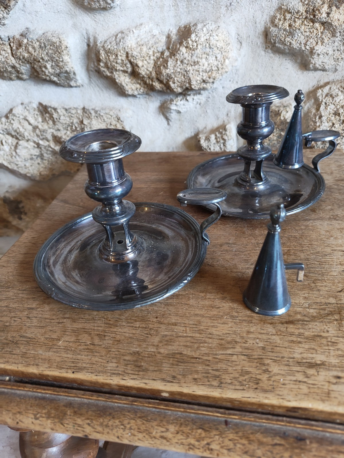 Pair of Bedroom Silver-Plated Metal Candle Holders / Night Candlesticks
