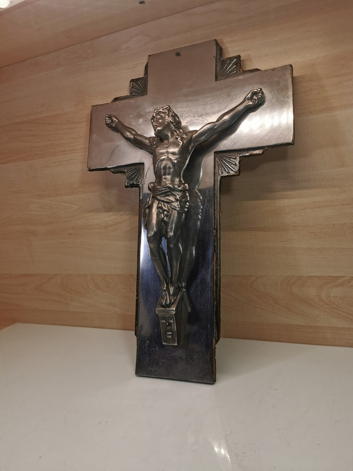 Superb Large Art Deco Metal and Mirror Crucifix
