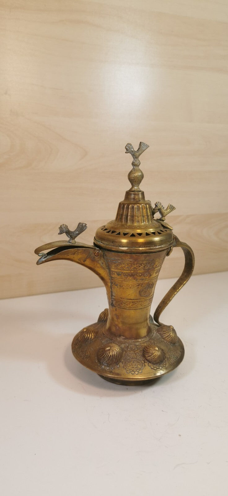 Magnificent Antique Teapot, Maghreb Art, Brass Dallah, Decorated with Birds