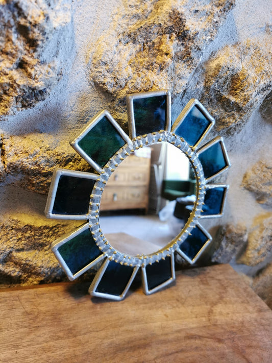 Superb Brutalist Sun-Shaped Mirror, Metal and Blue Glass