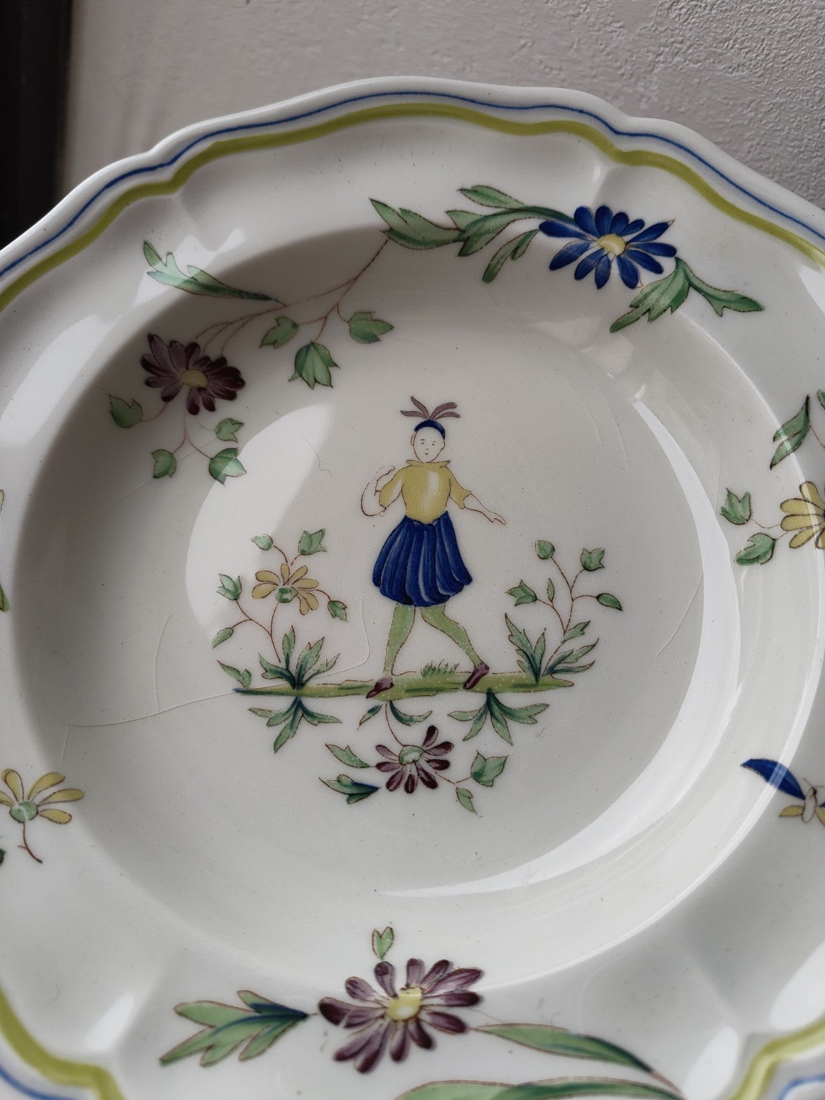Set of Eight Deep Moustiers Lonchamp Plates, FRANCE, Antique Ceramic