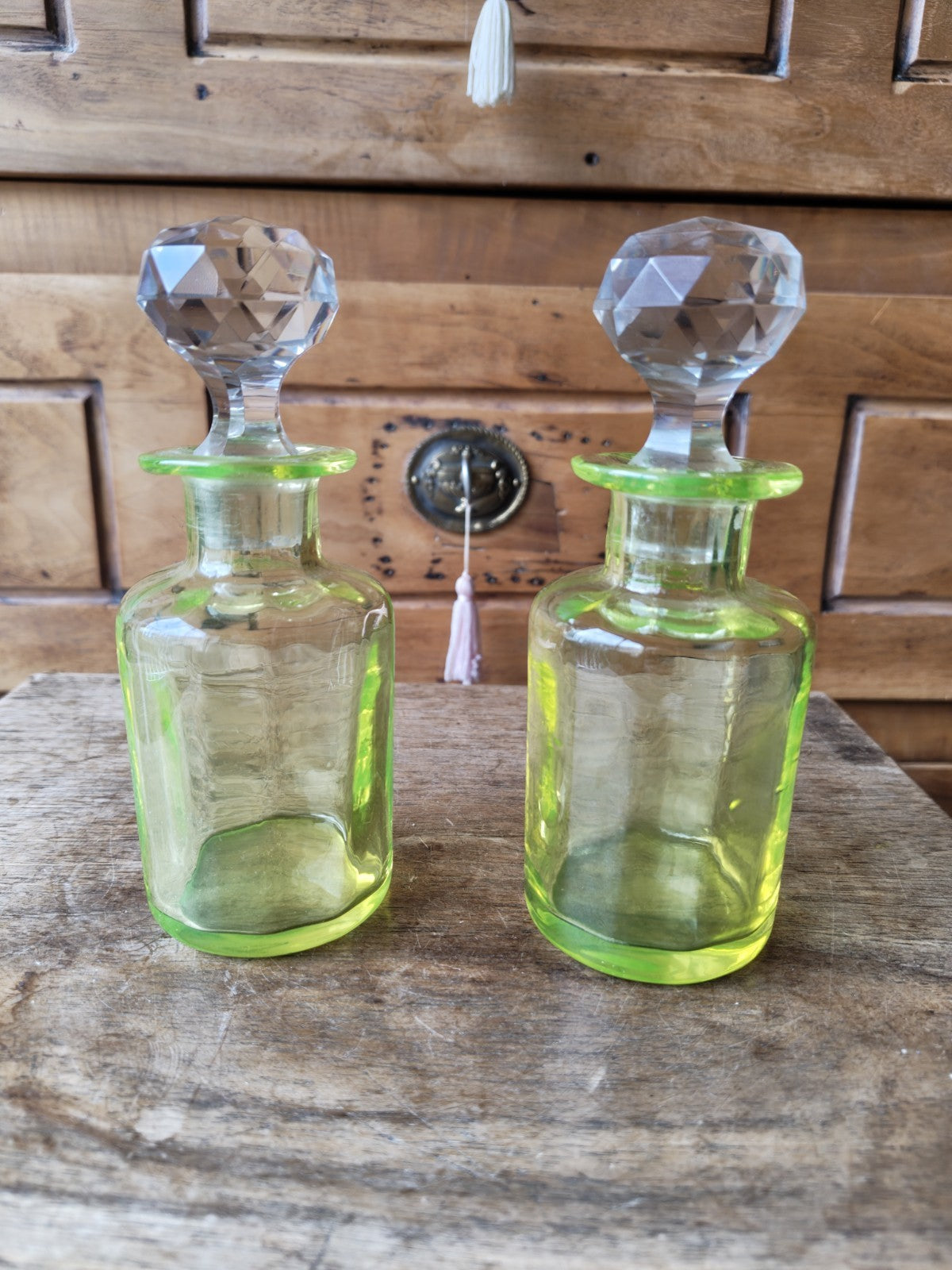 Two Antique Uranium Glass Perfume Bottles (Baccarat Resemblance)