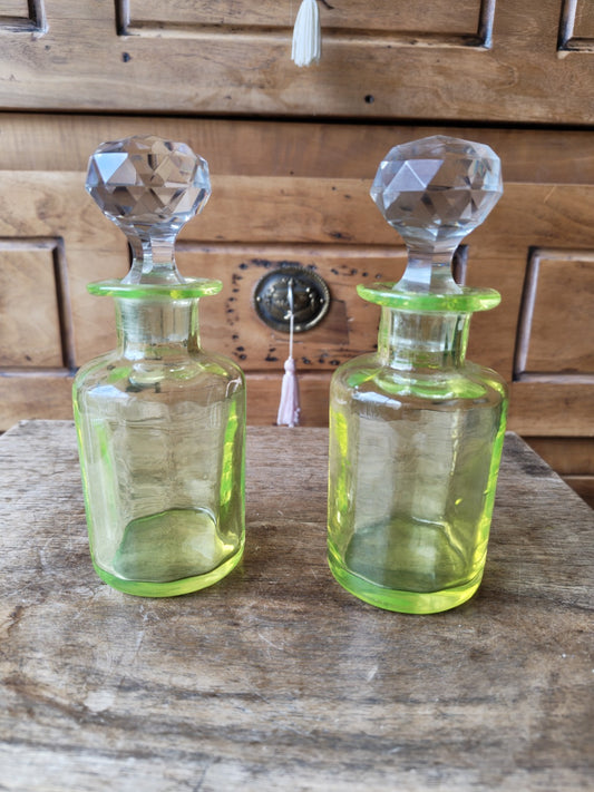 Two Antique Uranium Glass Perfume Bottles (Baccarat Resemblance)