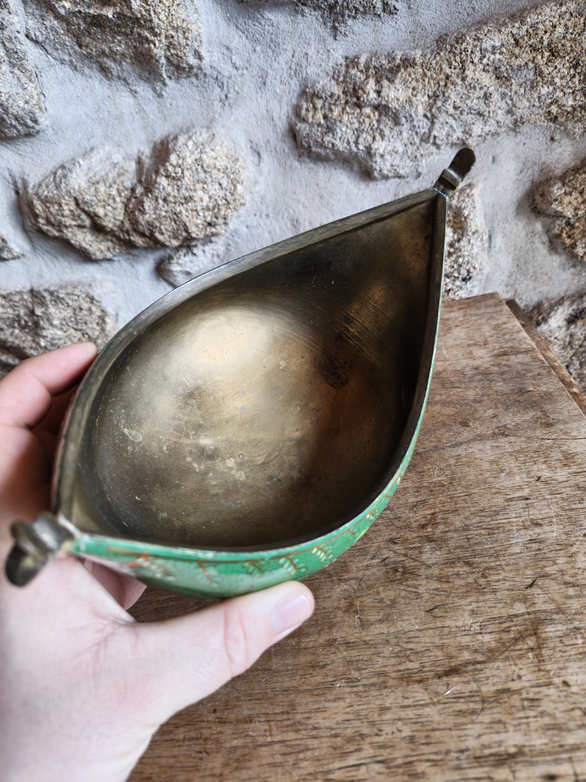 Kashkul Beggar Bowl India, Green Lacquered, Antique