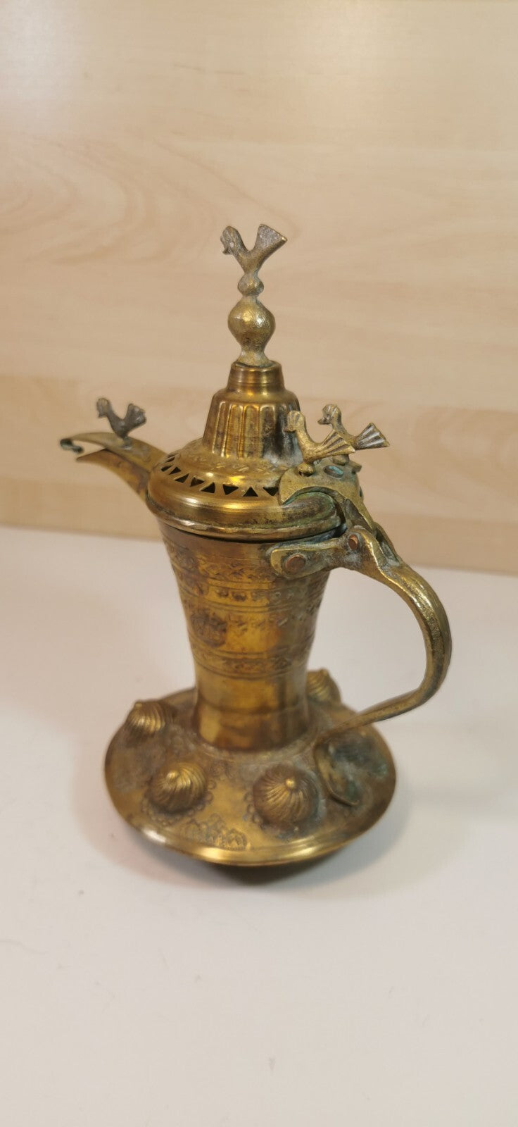 Magnificent Antique Teapot, Maghreb Art, Brass Dallah, Decorated with Birds