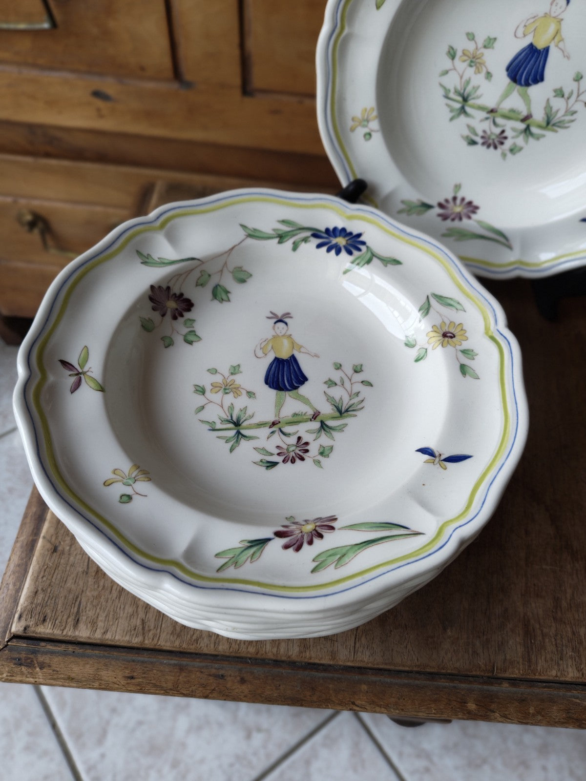 Set of Eight Deep Moustiers Lonchamp Plates, FRANCE, Antique Ceramic