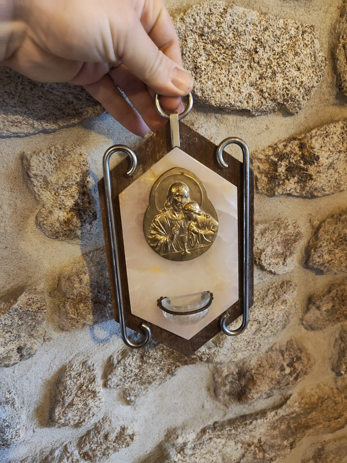 Holy Water Font, Marble and Brass, Signed H. Moreau