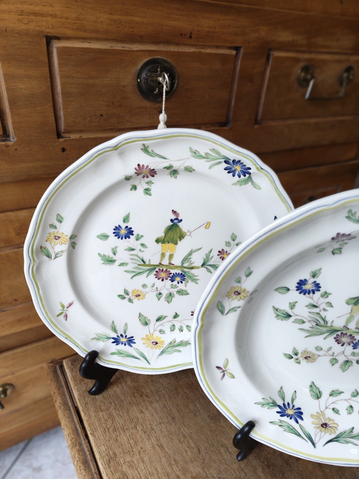 Set of Two Large MOUSTIERS LOMCHMAP Plates, FRANCE, Hand-Painted