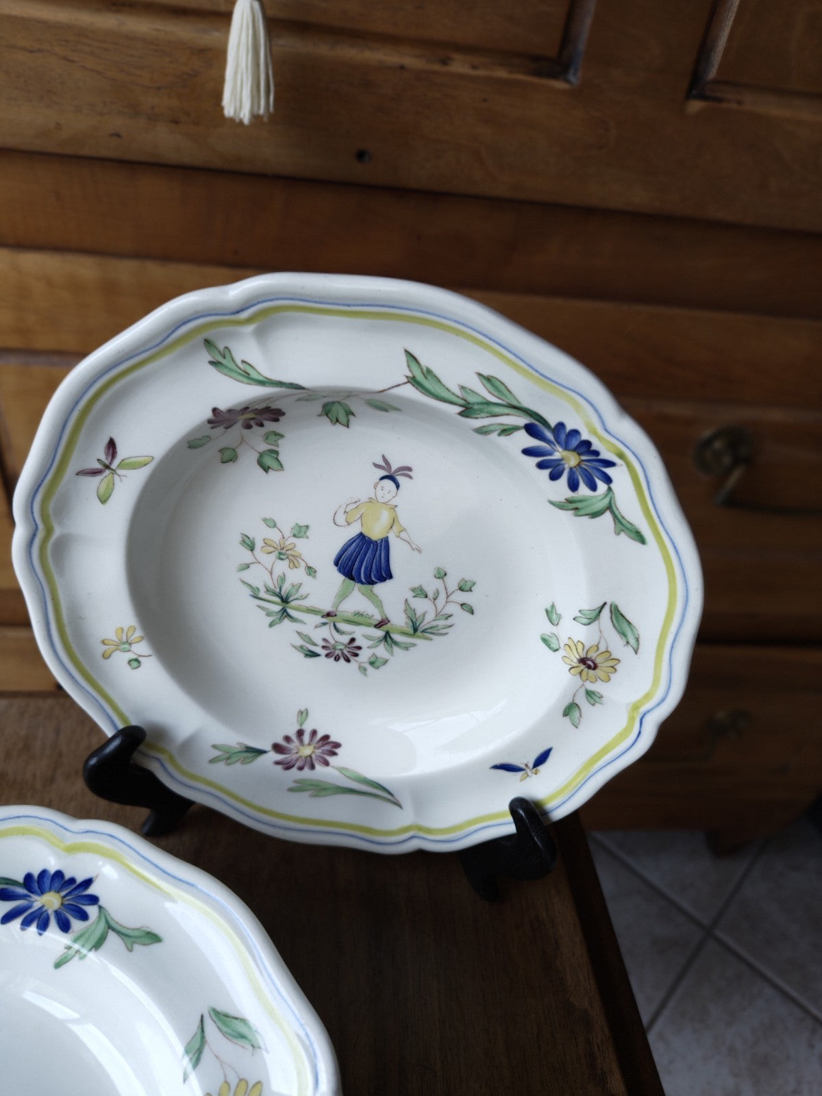 Set of Eight Deep Moustiers Lonchamp Plates, FRANCE, Antique Ceramic
